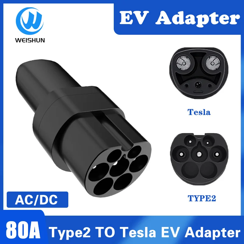 

Type 2 To Tesla Adapter DC/AC Type2 Tesla Adaptor EV Charger IEC62196 Socket For Tesla Model S/X/3 Adapter Convertor AC 250V/80A