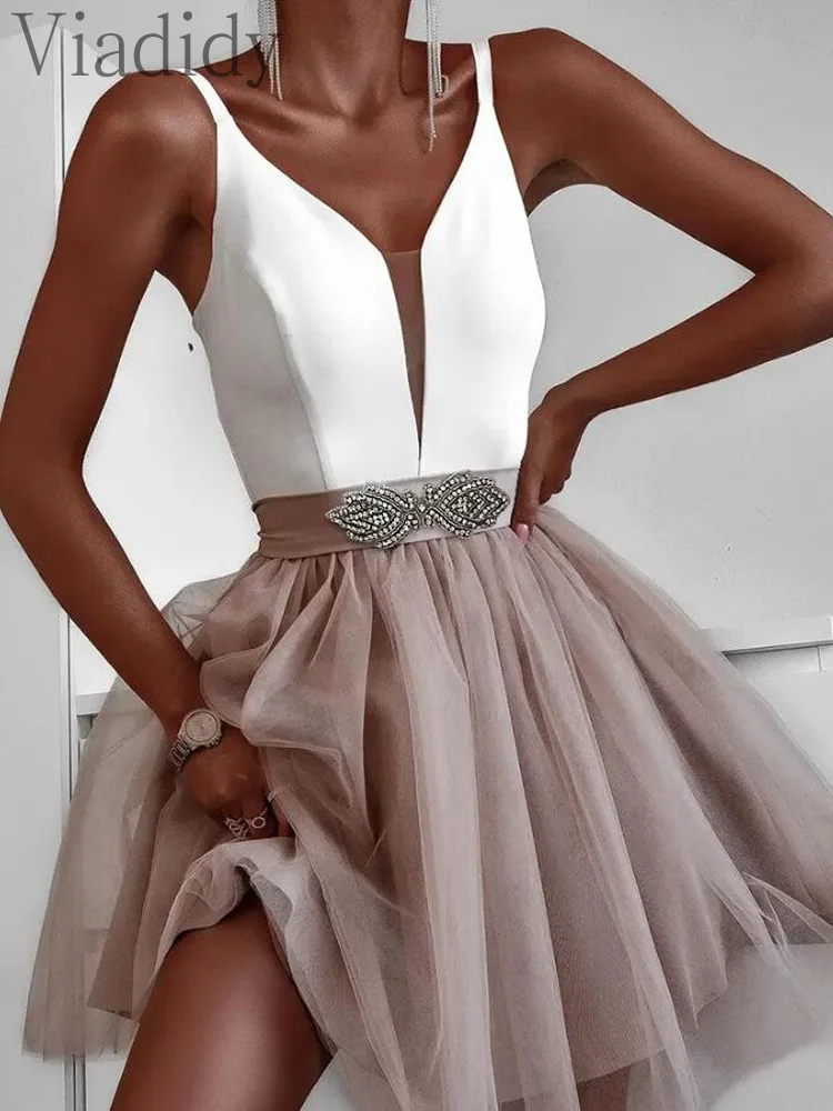 

Women Elegant Deep V Neck Sheer Mesh Rhinestone Decor Party Dress