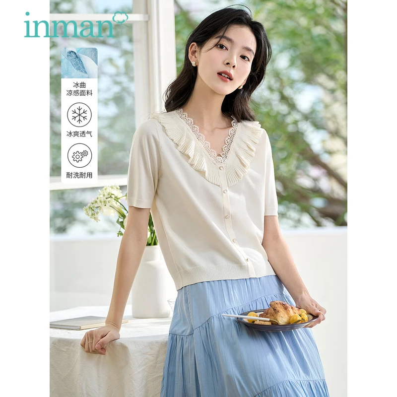 

INMAN Women Knitwear 2023 Summer Short Sleeve Lace V Neck Loose Stretch T-shirt Splicing Ruffles Elegant Apricot Tops