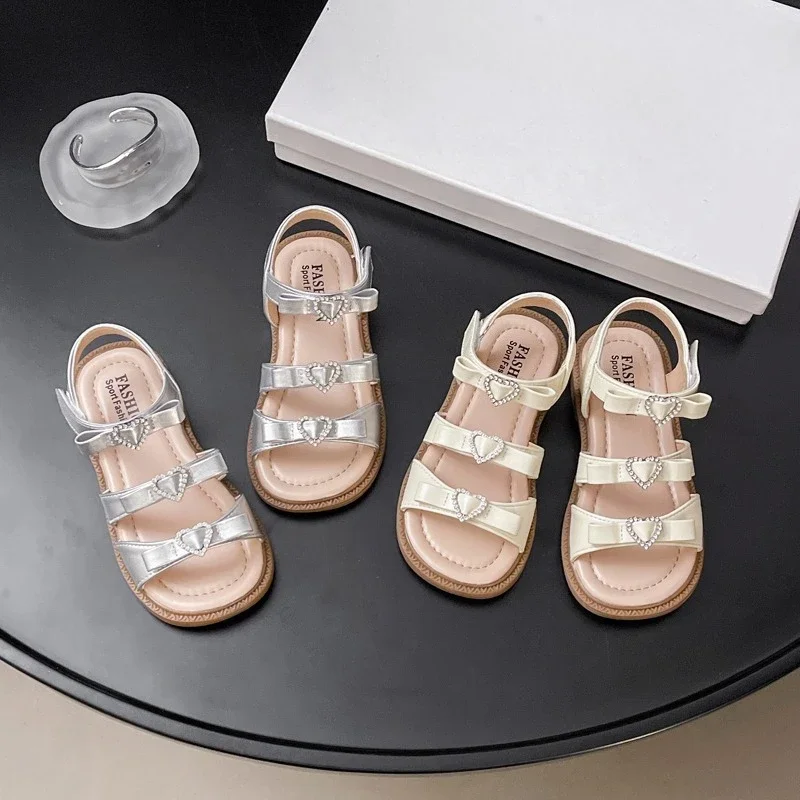 Girls Summer Flat Sandals Rhinestone Heart Kids Open Toe Shoes