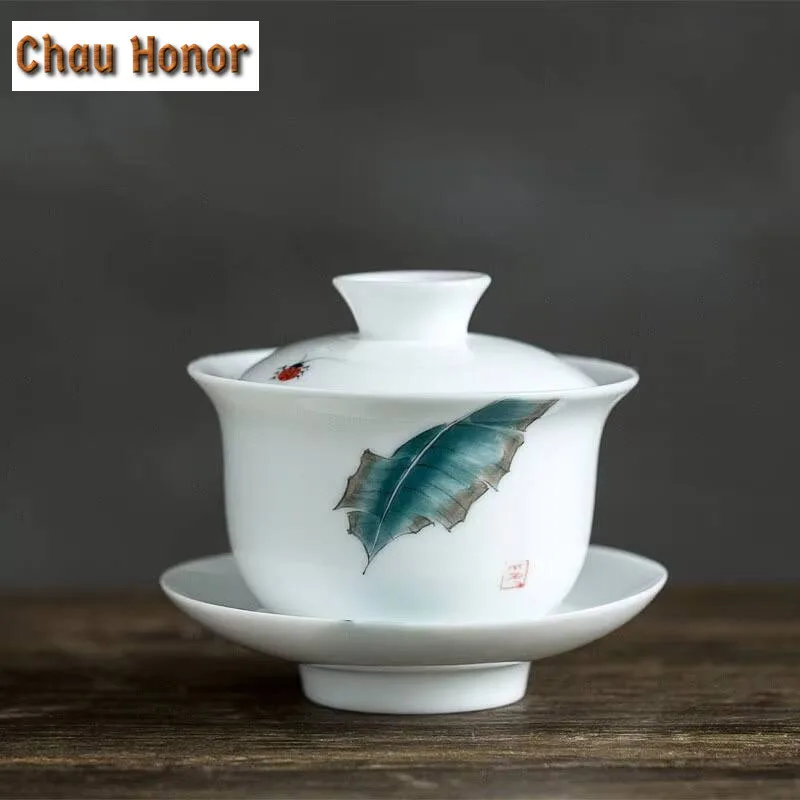 140ml Hand-painted Sancai Covered Bowl Tea Cup Ceramic  Kung Fu Tea Set Household Tea Making Bowl Tea Ceremony Customized Gift