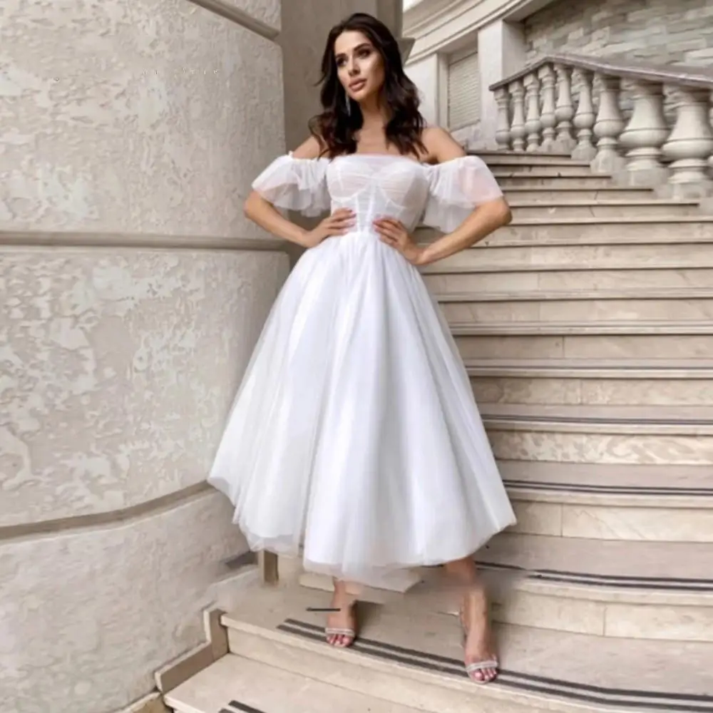 Simple Tulle Wedding Dress 2022 A Line Strapless Off Shoulder Bridal Gowns Lace Up Back Tea Length Vestidos De Fiesta Customize casual wedding dresses