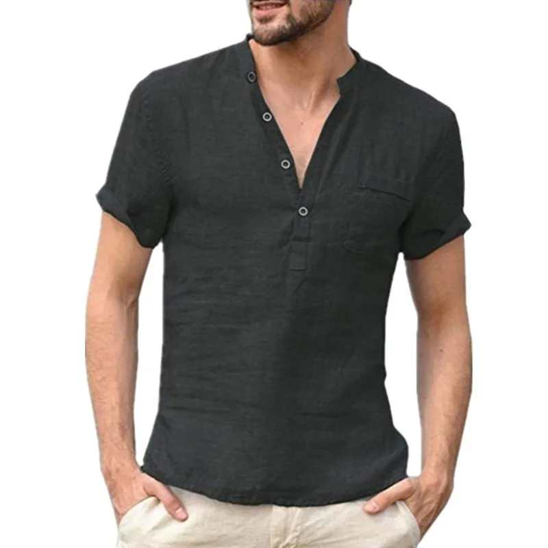 

New Men'S Cotton Linen Solid Color Short Sleeve Fashion Stand Collar Pocket T-Shirt Loose Casual Aloha Shirt
