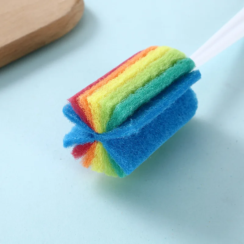 Newborn Baby Rainbow Sponge Brush Water Bottle Cup Mug Glass Washing Sponge Cleaning Scrubber with Handle Cleaning Utensils