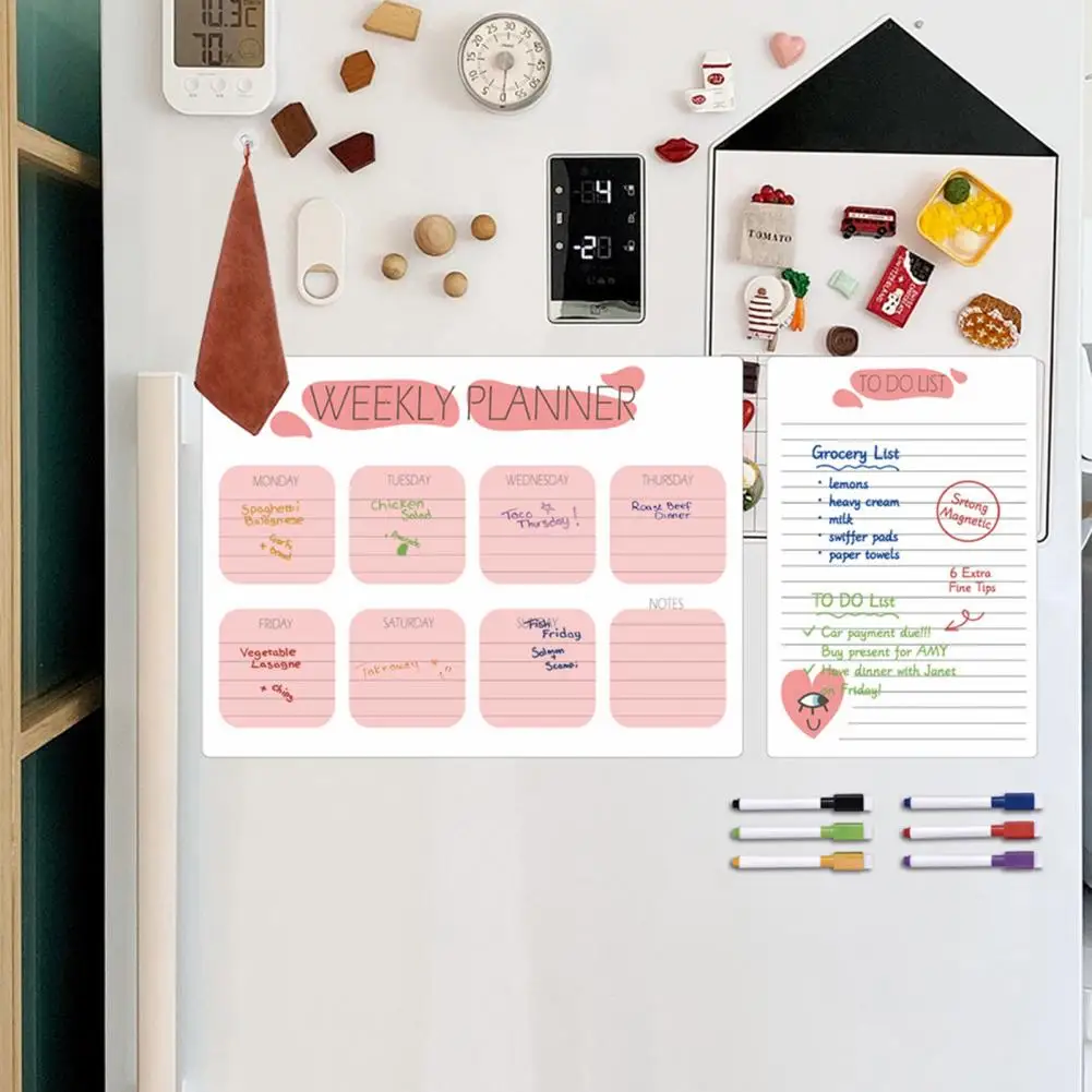 Magnetic Weekly Planner Durable Magnetic Fridge Calendar Kit Scratch-proof Dry-erase Whiteboard Planner with Pens Organize Week
