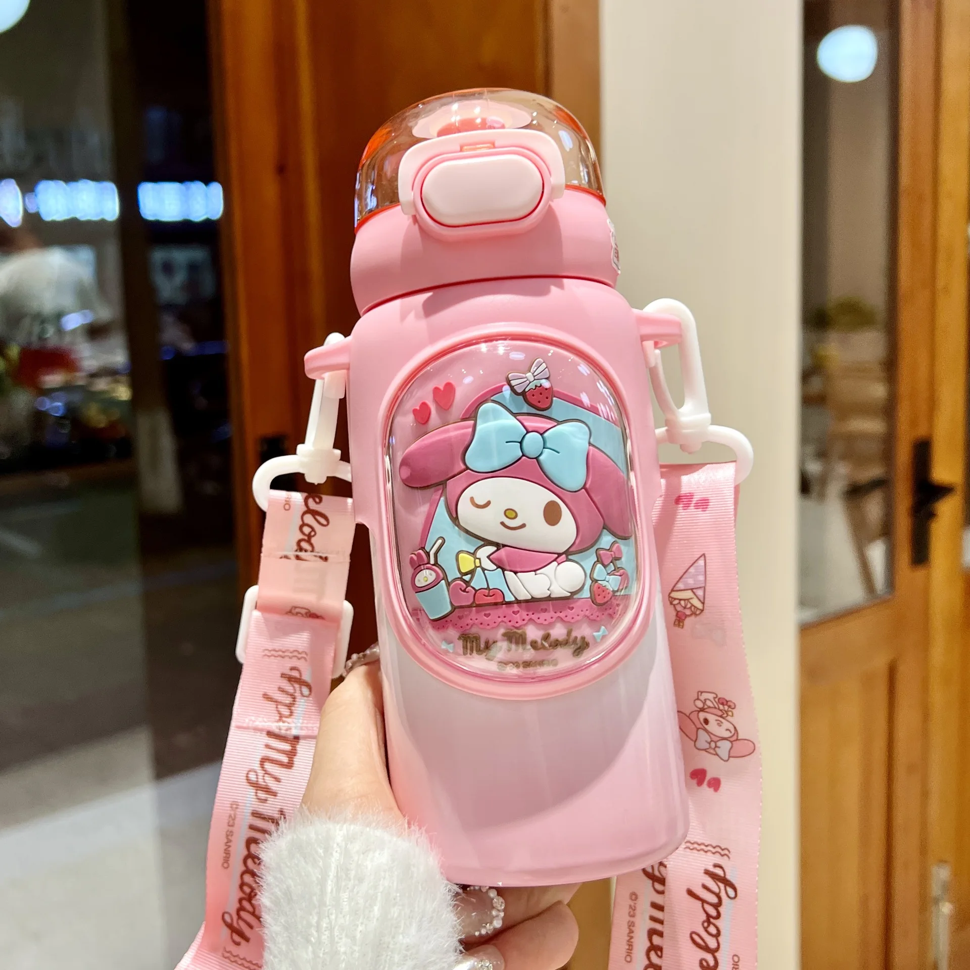 Kawaii 460ml Sanrio Kuromi Girl Straw Kettle Crossbody Stainless