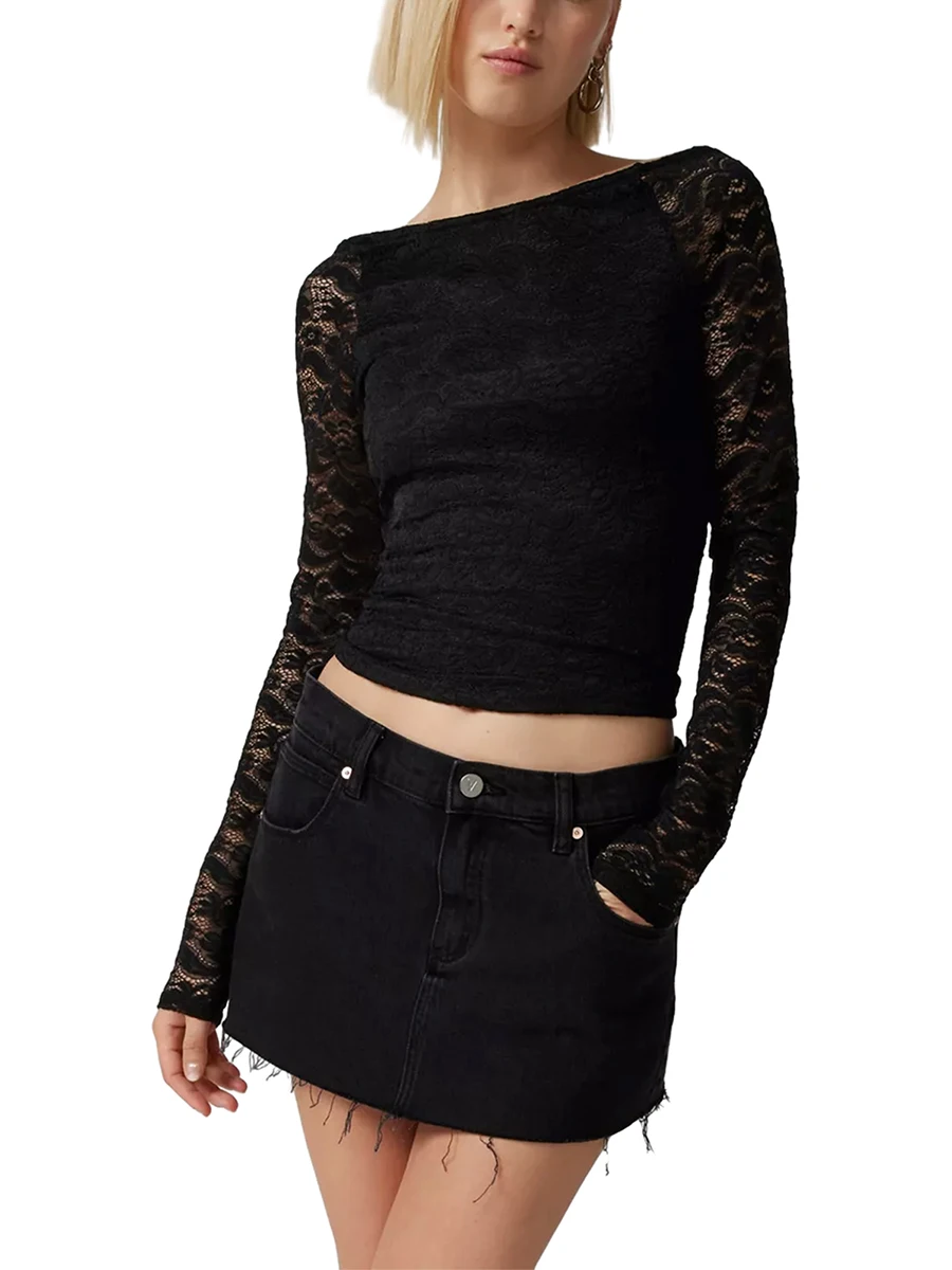 

Женский укороченный топ Fairycore, летняя облегающая кружевная жаккардовая Просвечивающая футболка с открытой спиной и длинным рукавом