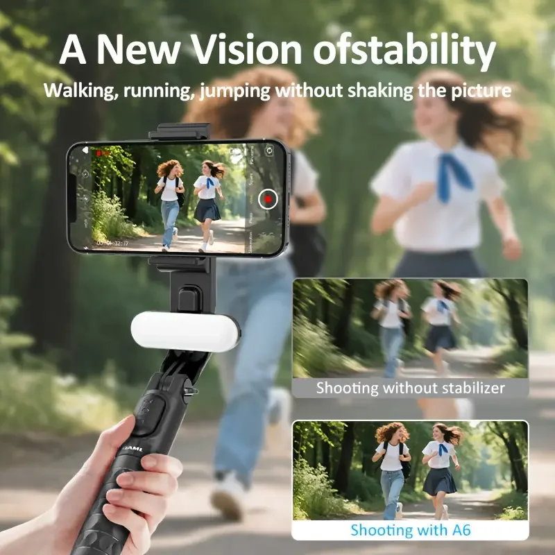 Cardan portable 1 axe avec télécommande Bluetooth et trépied pour iPhone Android, en action avec un smartphone en mode paysage.