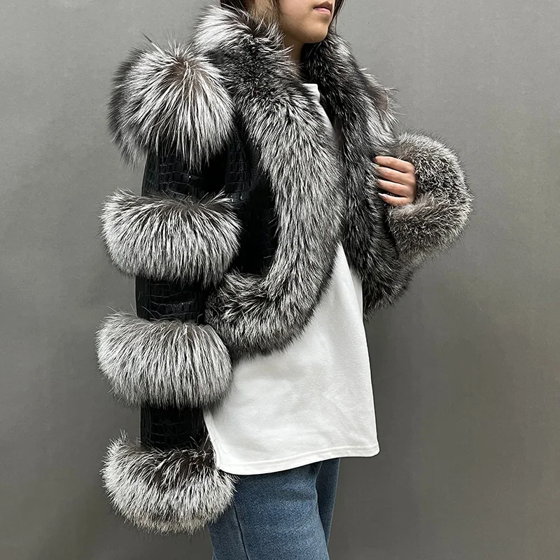 New Women Leather Jacket With Fox Fur Crocodile Pattern Sheepskin Leather Lady Fashion Genuine Leather Coat NZ5275