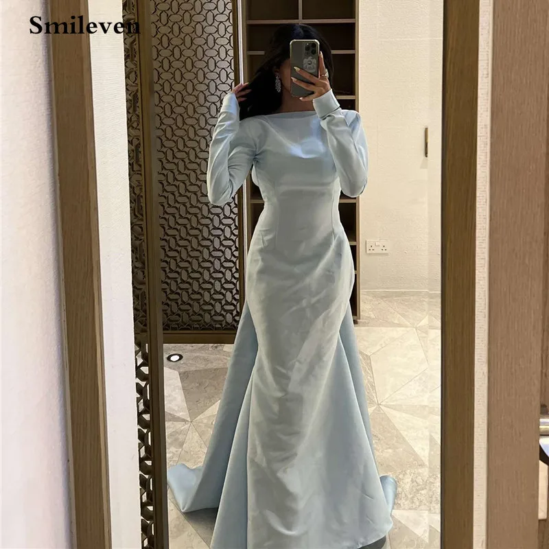 

Smileven Saudi Arabia Long Sleeve Mermaid Evening Dresses Sky Blue Party Gowns Robe De Soirée Open Back Prom Dress 2023