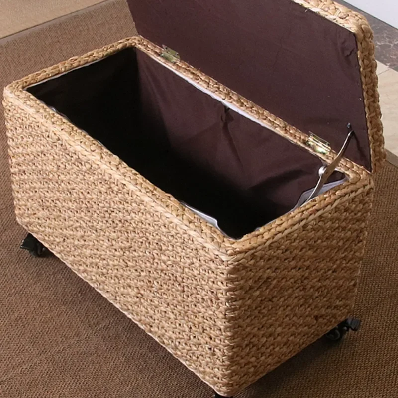 Multifunctional Rattan Woven Storage Box Large Capacity Flip Cover Clothing Case Shoe Changing Stool Convenient Pulley Step Seat 5