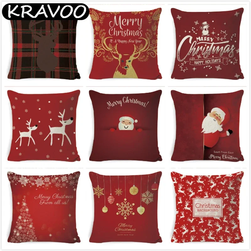 

Merry Christmas Cushion Cover Red Christmas Tree Santa Claus Santa Claus Pipe Greeting Text Pillow Cover
