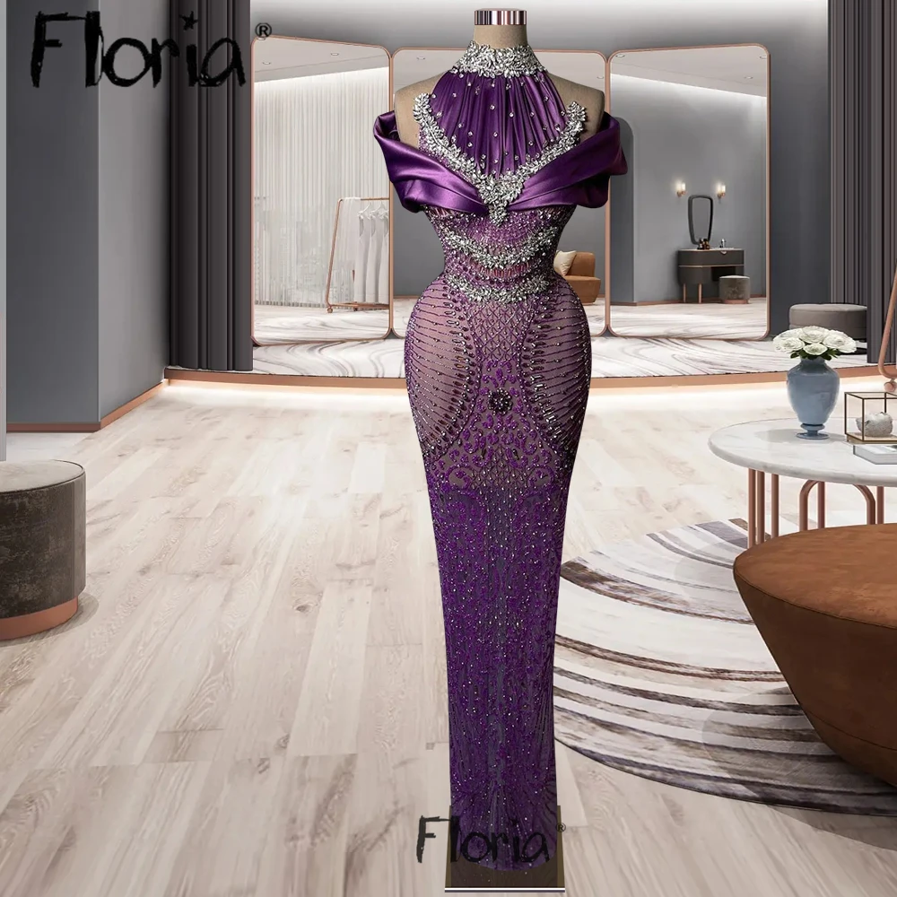 

Dubai Women Luxury Purple Party Dress Pageant Sheath Robes Full Beaded Stones Off Shoulder Formal Prom Gowns Vestido De Noiva