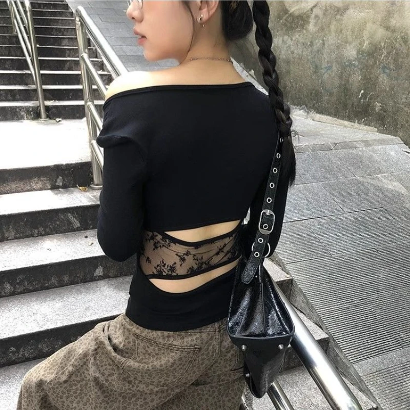 Deeptown Black Lace Patchwork Women T-Shirts Off Shoulder Hollow Out Long Sleeve Korean Fashion Slim Tees Coquette Aesthetic 4