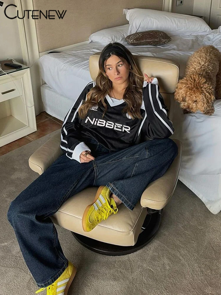 Casual Women Sweatshirts Panelled Letter Print Lapel Stripe Oversized Track Tops Female Basic Autumn New Streetwear Tees