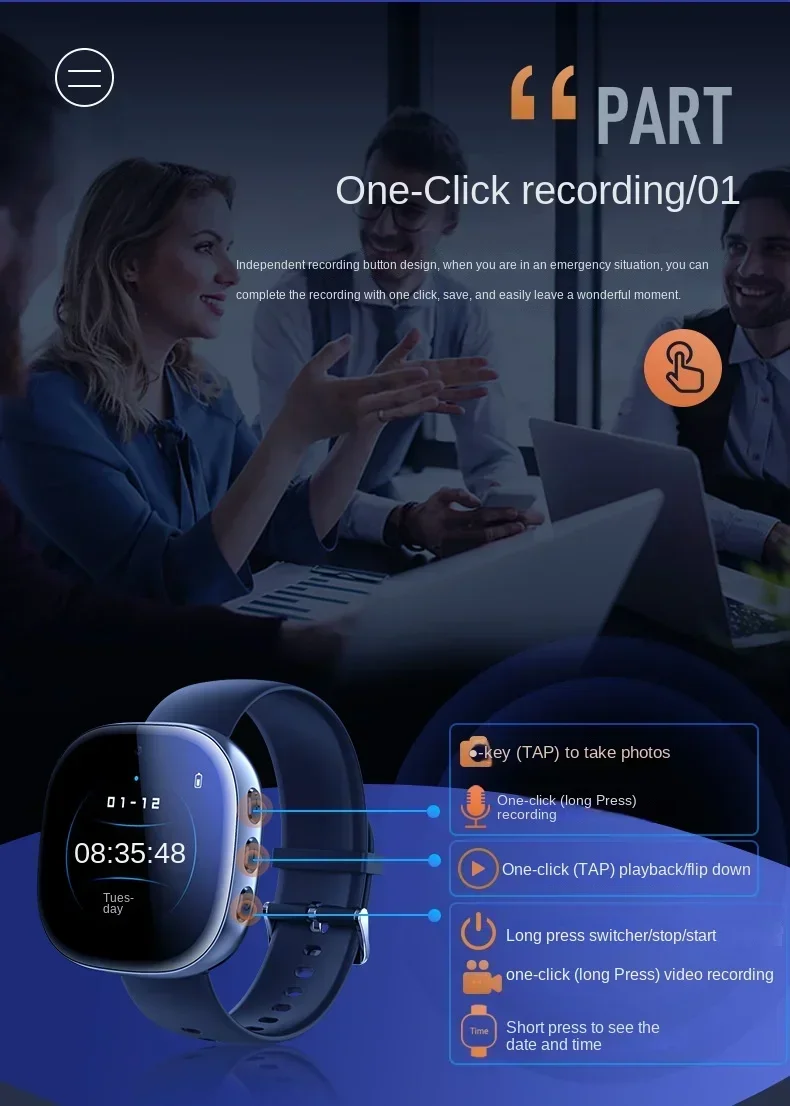 Watch camera with one-click recording interface