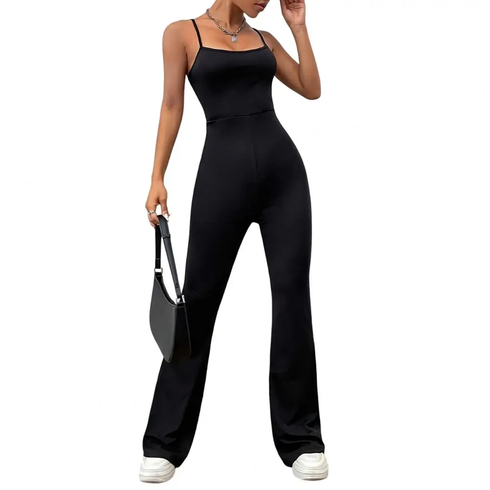 

Skinny Jumpsuit Stylish Women's Summer Jumpsuit with Backless Design Slim Fit Waist Flared Hem Square Neck Spaghetti Strap for A