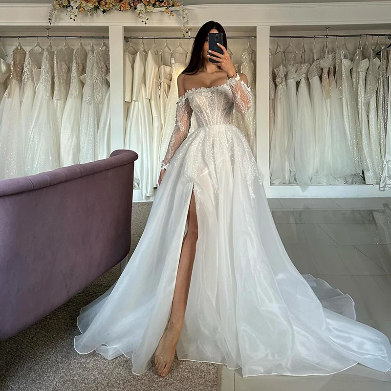 

Eightree White Wedding Dresses Side Slit Appliques Bridal Dress Off The Shoulder Tulle A-Line Princess Wedding Gowns Plus Size