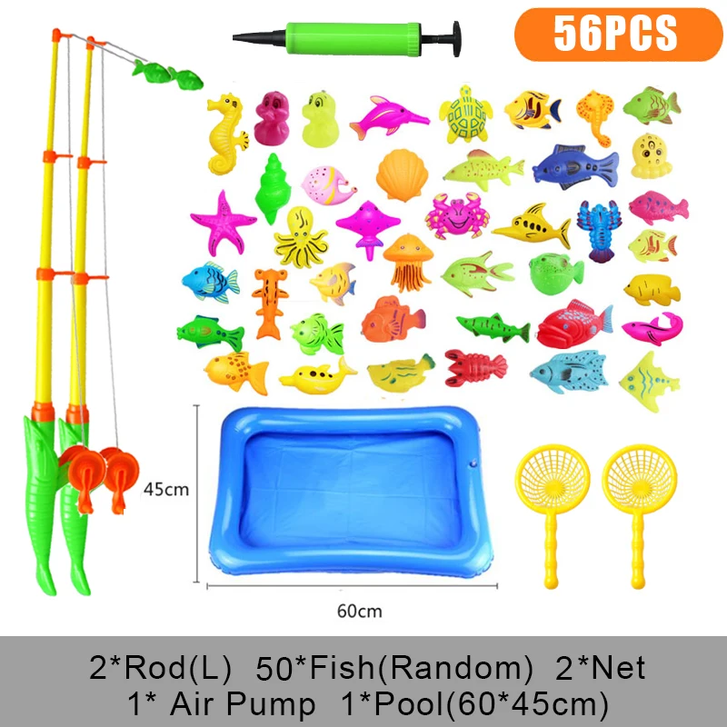 56pcs 자석 낚시 놀이 장난감 Kids Magnetic Fishing Toys Set with Inflatable Pool Net  Magnet Fishing Rod for Children Gift 낚시놀이