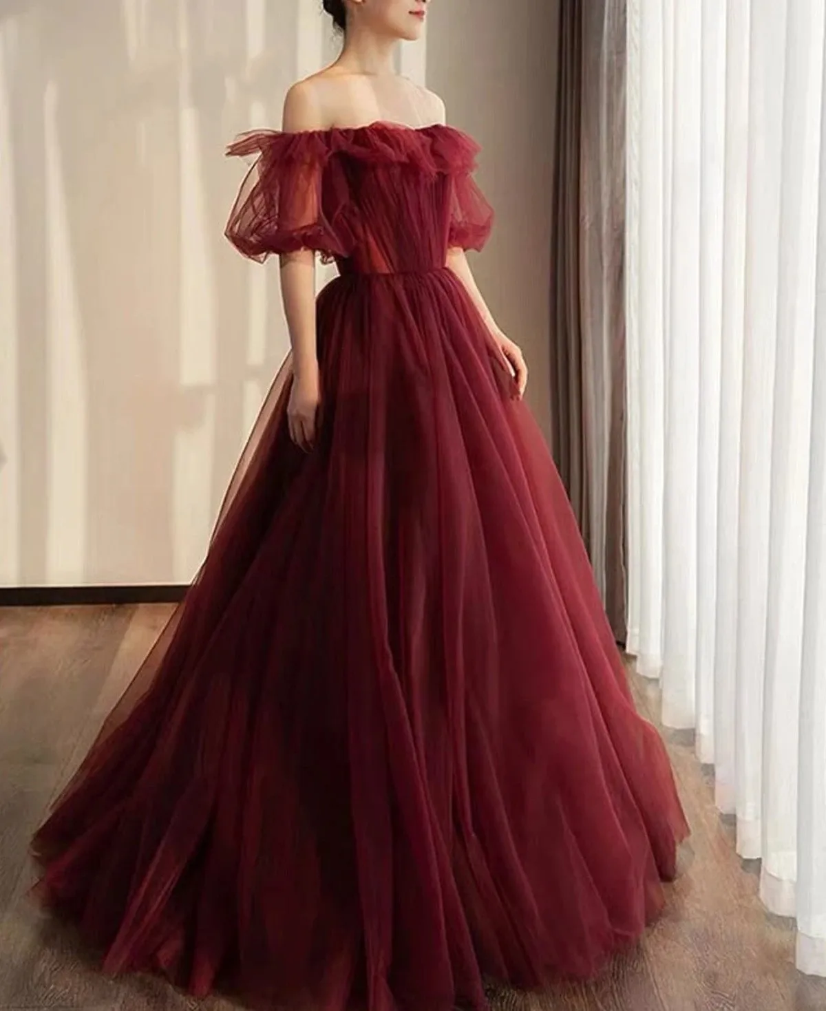 

ANGELSBRIDEP Burgundy Prom Dress Plus Size Off-Shoulder Long Evening Party Gown Elegant Birthday Gown Strapless Ruffled Dress