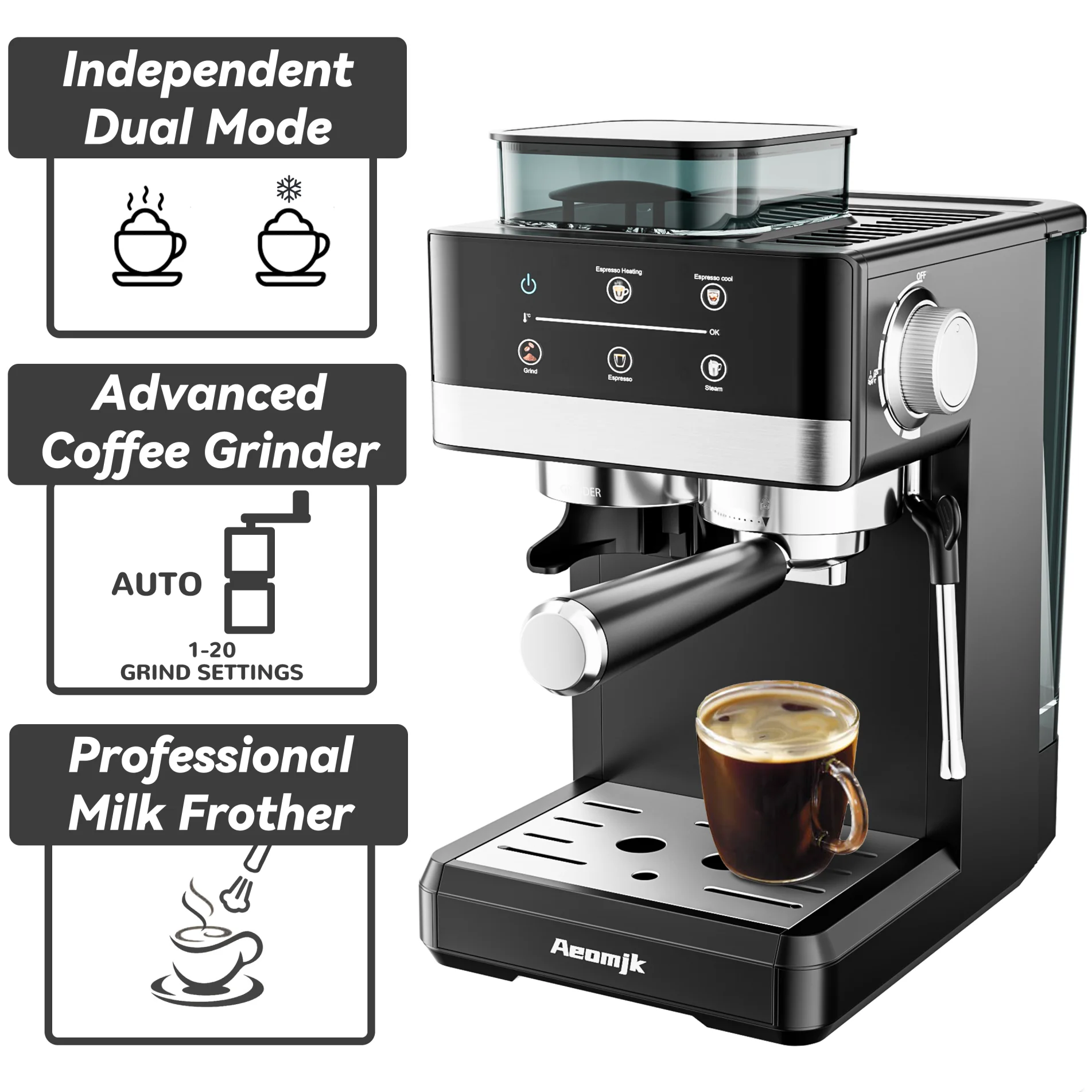 Aeomjk Hot and Cold Dual-Extract Semi-Automatic Grinding All-In-One Espresso Machine, 1.8L Water Tank, 20Bar Pressure, Steam Milk Foaming Machine 3