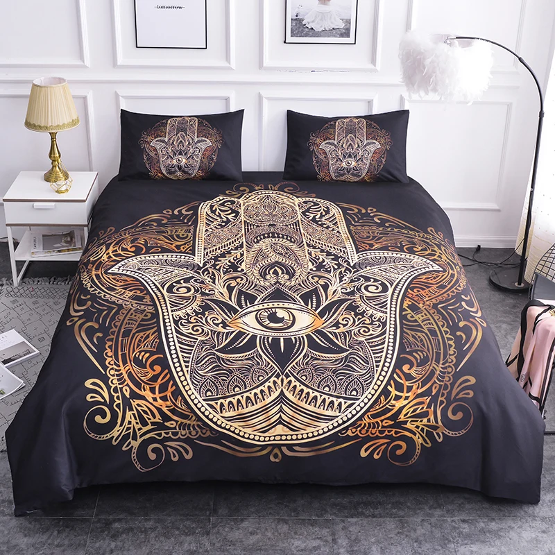 

Zeimon Gouden Hand Met Ogen Dekbedovertrek En Kussensloop Zwart Beddengoed Set Vintage Zachte Polyester Quilt Cover Set 2/3Pcs