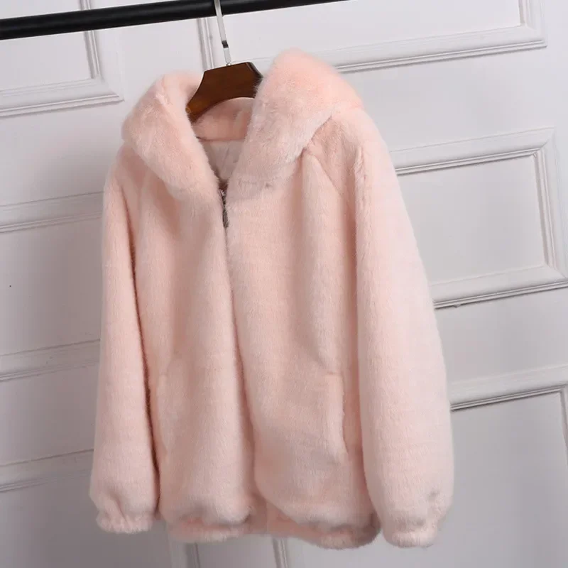 

2022 Women's Jacket Lady Artificial Fur Hooded Soft White Grey Pink Rabbit Imitation Fur Outcoat Winter Grass Mink Faux Fur Coat