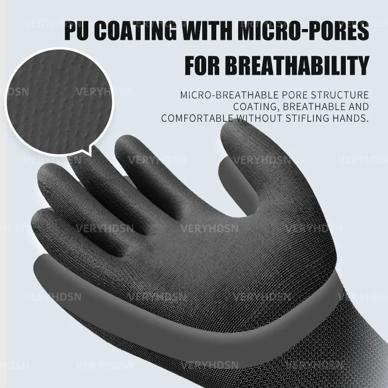 3Pairs Work Gloves Anti Cut Light Duty Durable Breathable Knit Wrist Cuff PU Coated For Men&Women