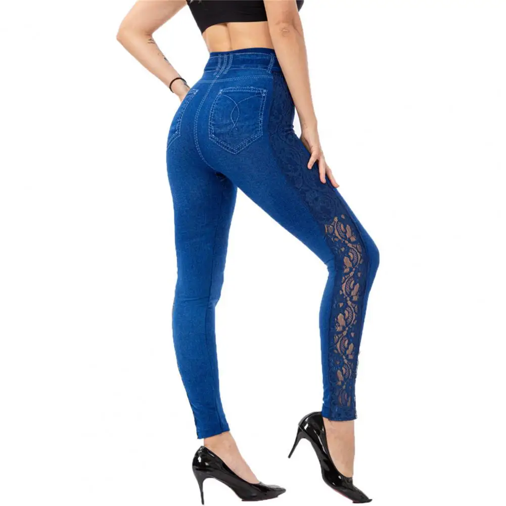 Women Vintage Wash Color Denim Print Leggings Lace Stretchy Pencil Pants Women's Seamless Ankle Length Skinny Fake Jeans Tights