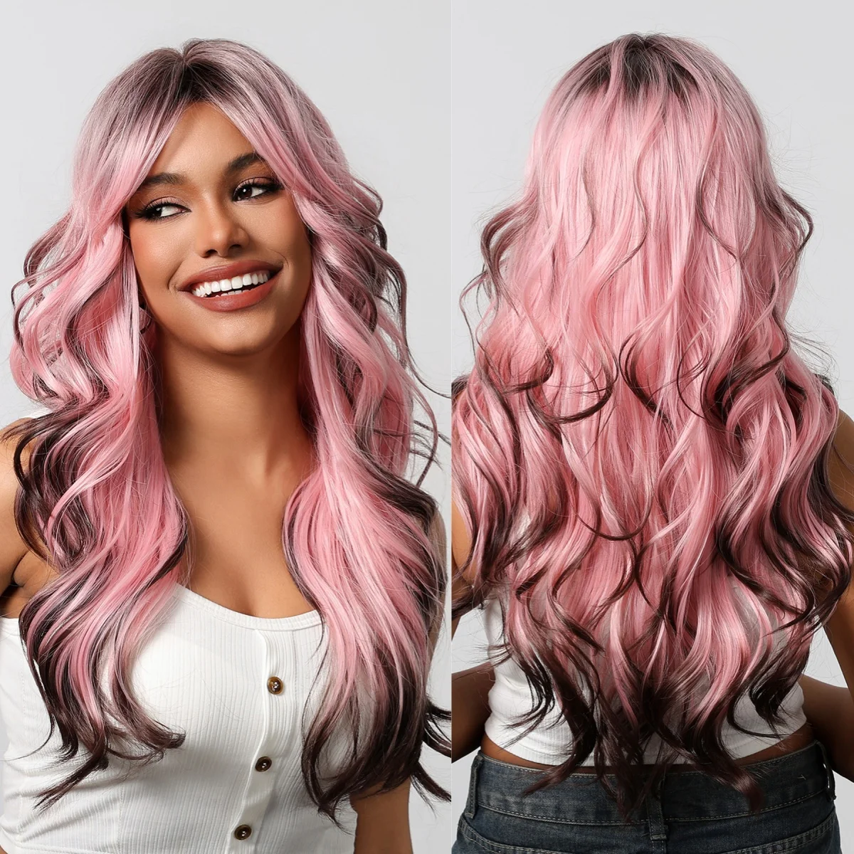 

Fluffy Ombre Pink Synthetic Curly Wigs for Black Women Long Wavy Pink Hair Wigs with Bangs Natural Party High Temperature Fiber