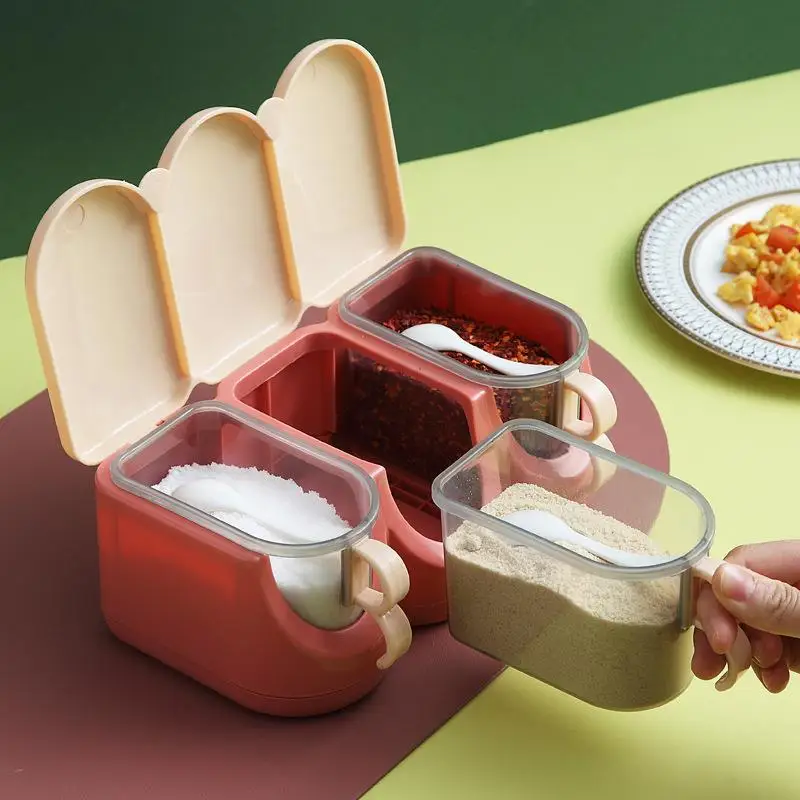 1Set Household Multi Grid Seasoning Box with Spoon,Divided Grid Seasoning Box,Kitchen Seasoning Box, Color Blocked Seasoning Box