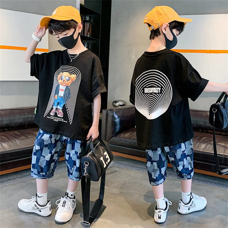 

2022 Summer Children Tracksuits Boys T Shirt+Shorts 2Pcs/Sets Teenage Outfits Kids Casual Streetwear Cotton Clothing Suits 5-14Y