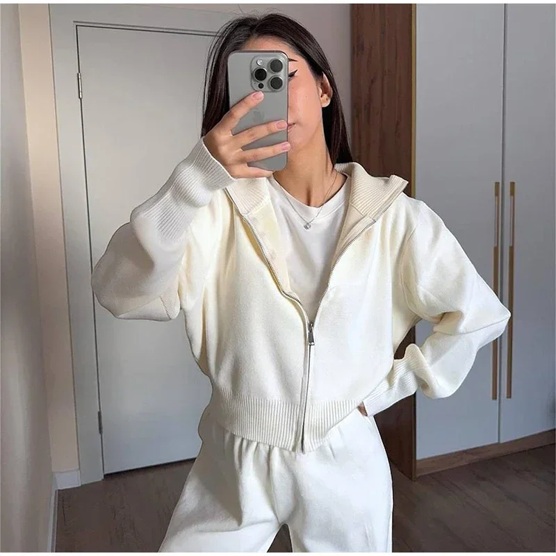 Knitted Pants Sets Women Stand Collar Zipper Cardigan Loose High Waist Pants Suits Autumn Winter New in Matching Outfits