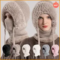 3 In 1 Winter Balaclava For Women Winter Fur Cap Mask Set Hooded For Women Outdoor Cycling Ski Windproof Hat Fluffy Beanies Hood 1