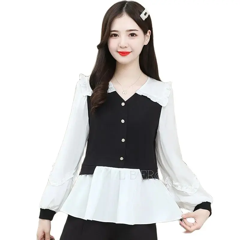 

Fashion Women's Fake Two-Piece Long-Sleeved Shirts Women's Spring Summer New Fashion Age-Reducing Tops Waist-Shrinking Shirts