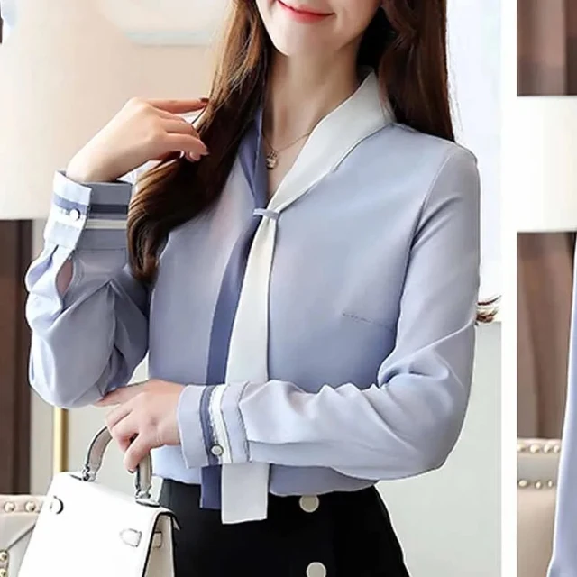 بلوزات شيفون نسائية كلاسيكية بأكمام طويلة ورقبة على شكل حرف V ، بلوزات فضفاضة ، ملابس غير رسمية ، أحادية اللون ، أنيقة ، مكتب ، خريف