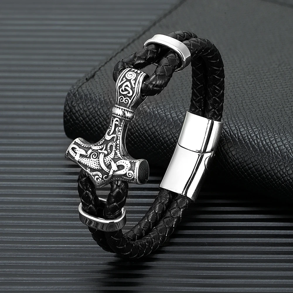 MKENDN – Bracelet en cuir véritable pour homme, Style viking, tressé, multicouche, acier inoxydable, marteau de Thor nordique, Mjolnir