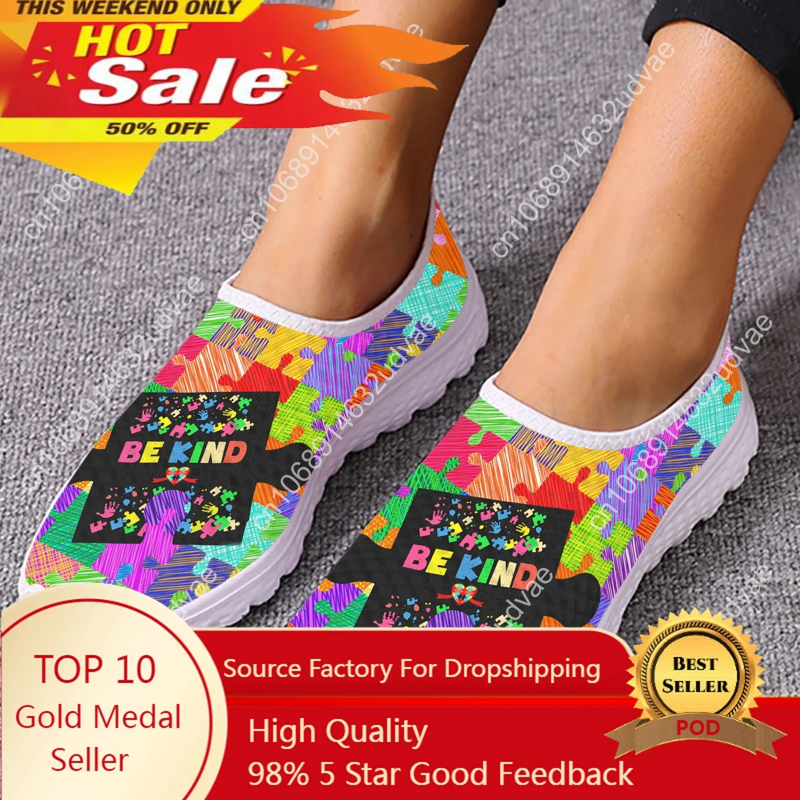 Autism Awareness Themed Design Mesh Shoes Comfortable Leisure Shoes Breathable Casual Sneakers Soft Soled Shoes