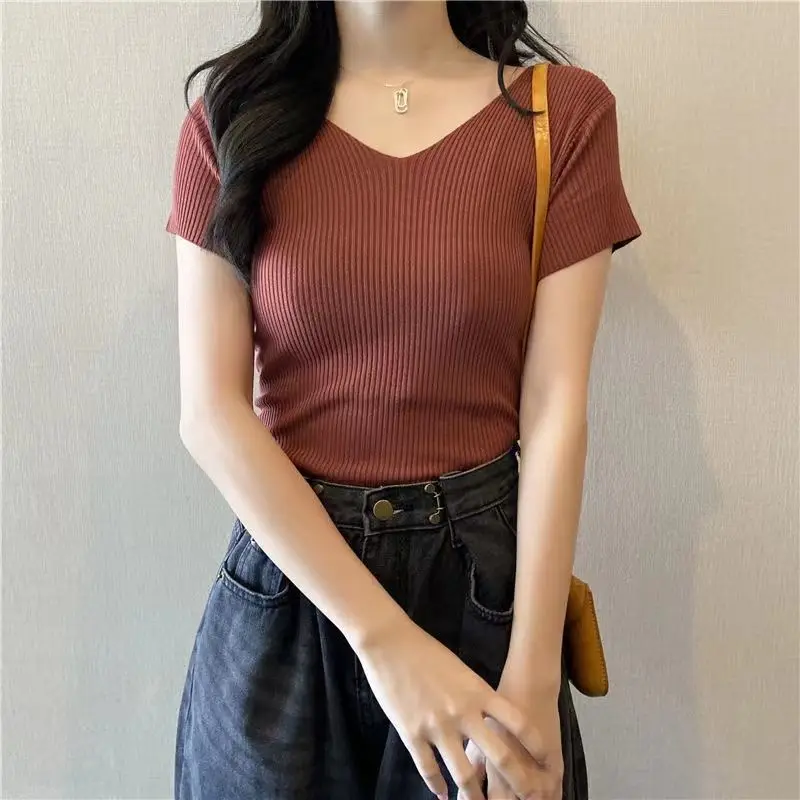 

Women Short Sleeves T-shirt Bottoming Shirt V Neck Solid Color Causal Preppy Style Summer New Trend Pullover Top Homewear M127