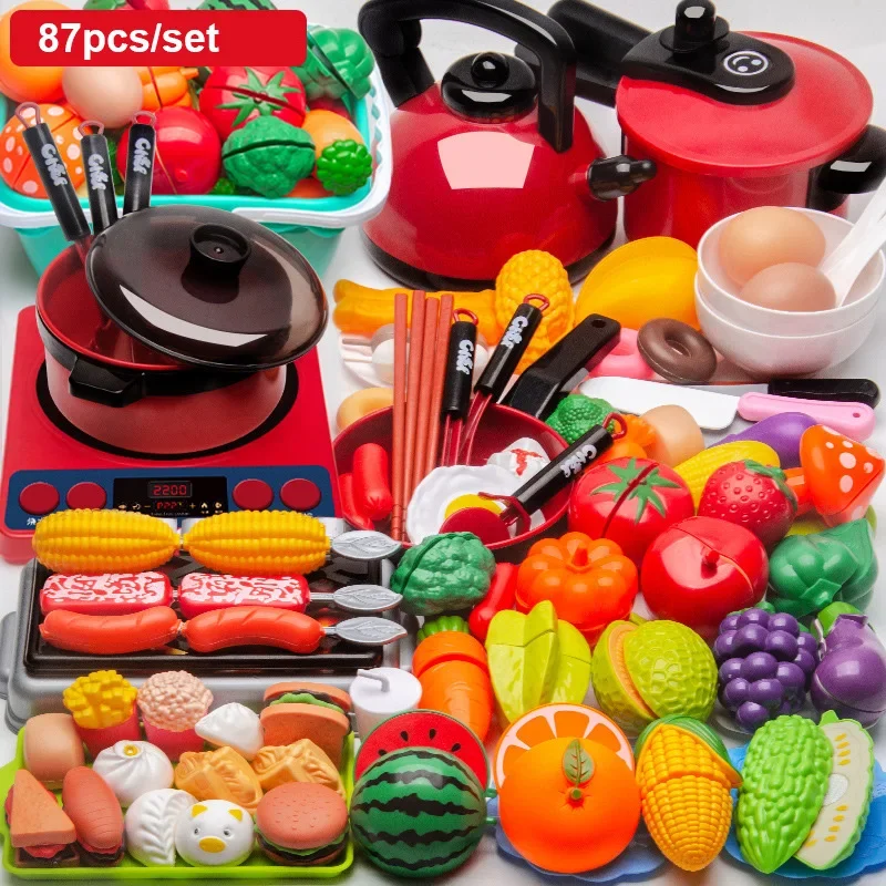 Children Kitchen Cookware Pretend Play Set Fruit Food Toys Simulation Kitchen Pot Pan Kids Toys For Girls Doll Food Red