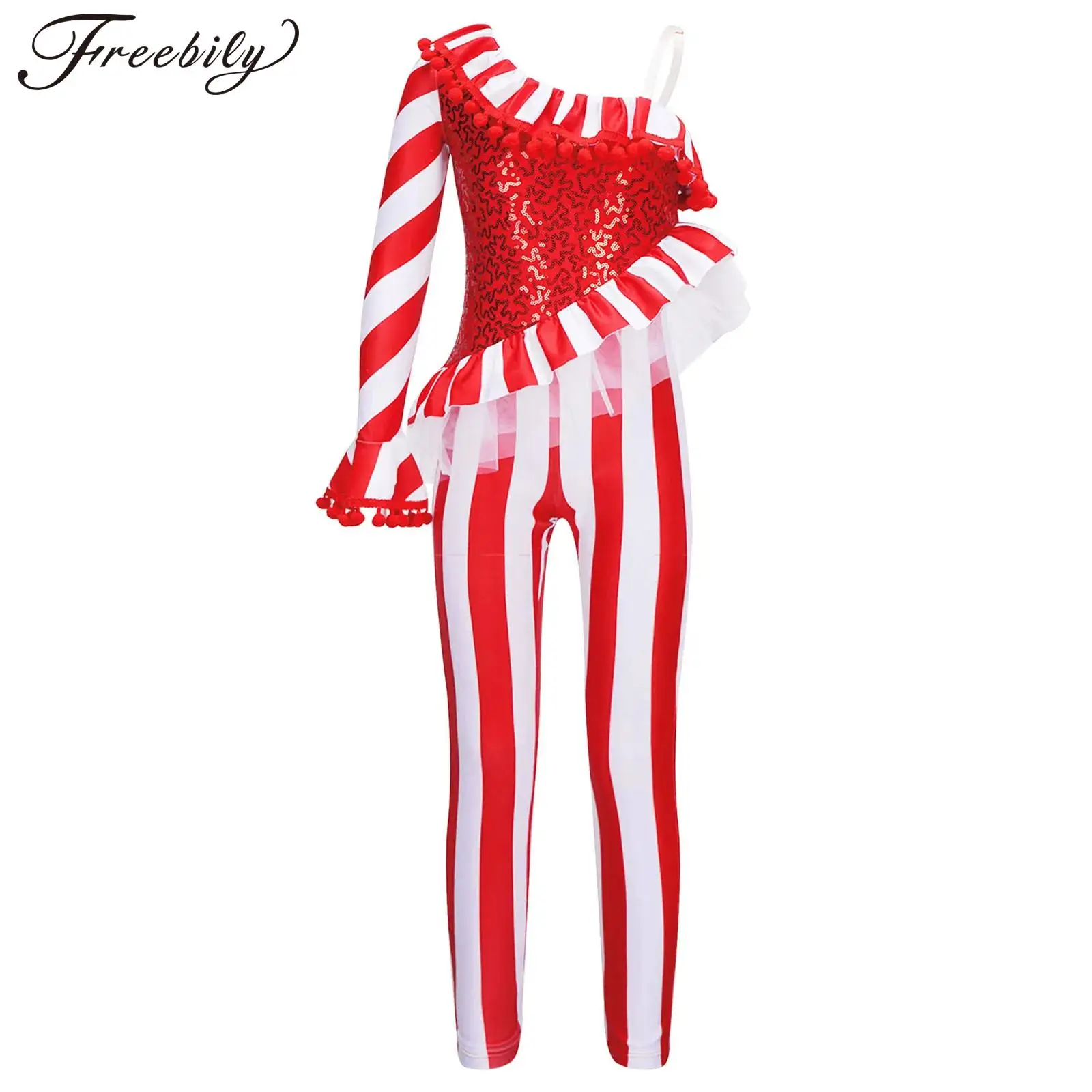 Kids Girls Candy Cane Christmas Dance Unitards One Shoulder Paillettes Corpetto Stripe Tuta Xmas Holiday Party Dancewear Costume