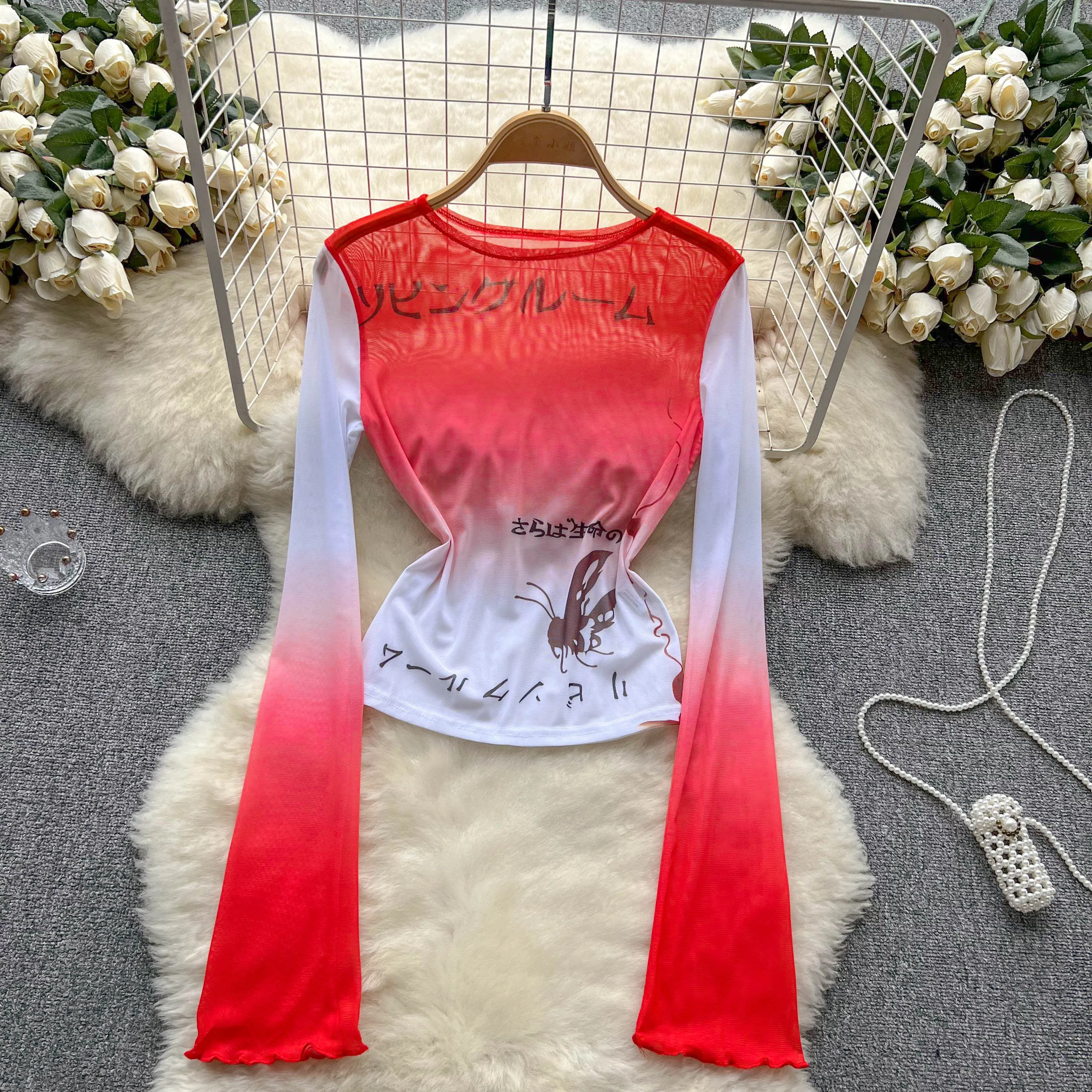 

Summer Micro Flare Sleeves Mesh Backing Shirt Gradient Long Sleeve Underlay Fitted American Retro Top