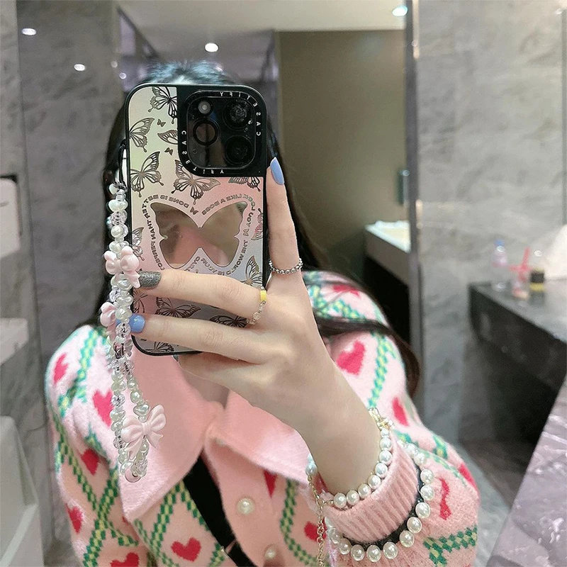 심플하고 귀여운 리본 비즈 폰 체인 패션 섬세한 키체인 여성 소녀용 달콤한 가방 장식 액세서리 선물