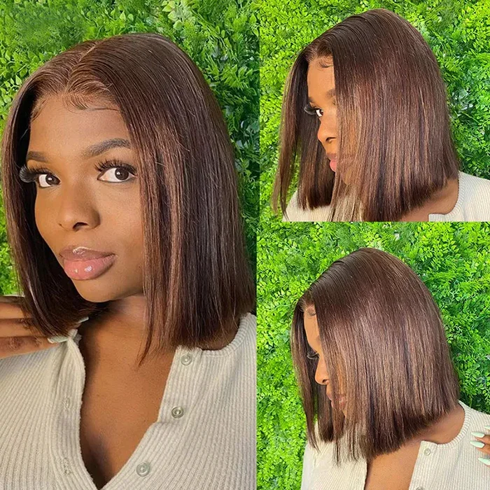 Brown Bob Wigs 13x4 Lace Frontal Wigs Chocolate Color Brazilian Lace Frontal Human Hair Wig Pre Plucked Straight Bob Wigs 16Inch