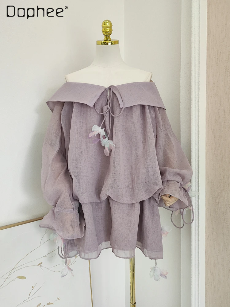 

French Style Tied Butterfly Drawstring Cut Flower Off-Shoulder Off-Neck Vacation Style Korean Loose Dress for Women 2023 Summer