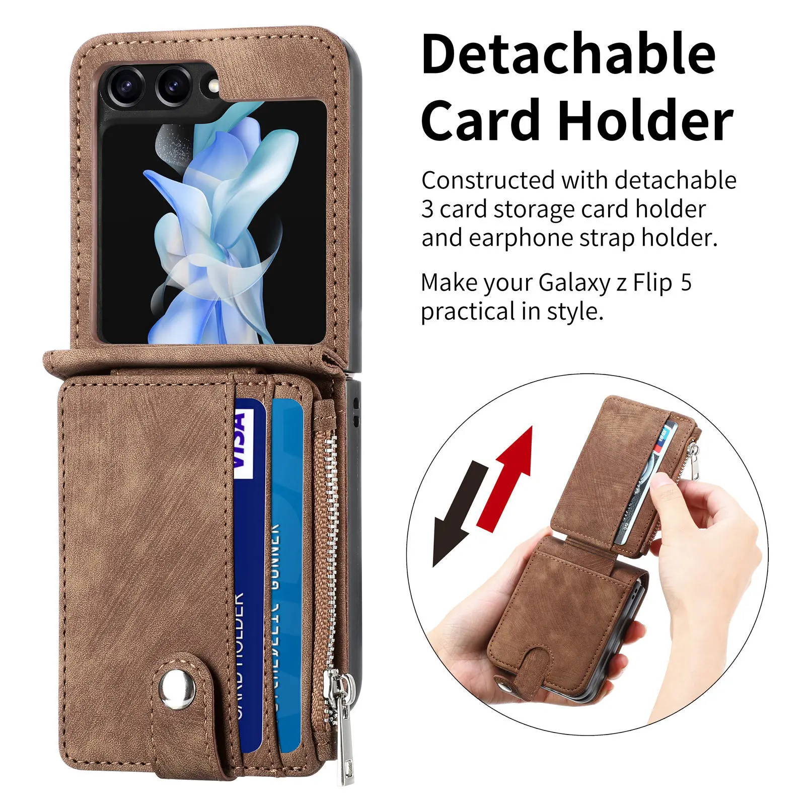 Leather Foldable Wallet Phone Case with Zipper Card Holder