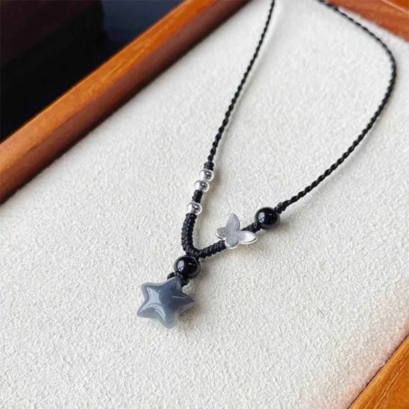 Vintage Black Rope Chain Short Necklace Korean Acrylic Star