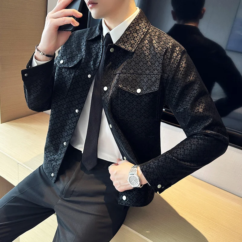 Brand Full Print Pattern Leather Jackets Men Pocket
