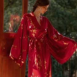 Elegant Burgundy Kimono Robe with Bronzing Flower Design - S (Burgundy A)