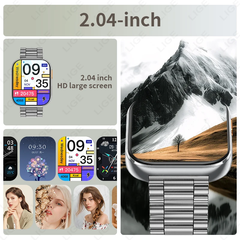 LIGE AMOLED Smart Watch Men 2.04 Screen Bluetooth Call Health Monitor IP68 Waterproof Sport Women Smartwatch New For Android IOS